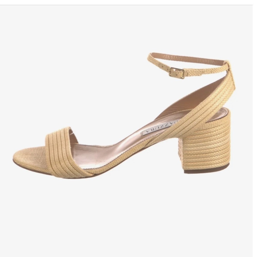 Aquazzura Yellow/Tan  Raffia Block Heel Ankle Strap Sandals Size 37.5 Italy